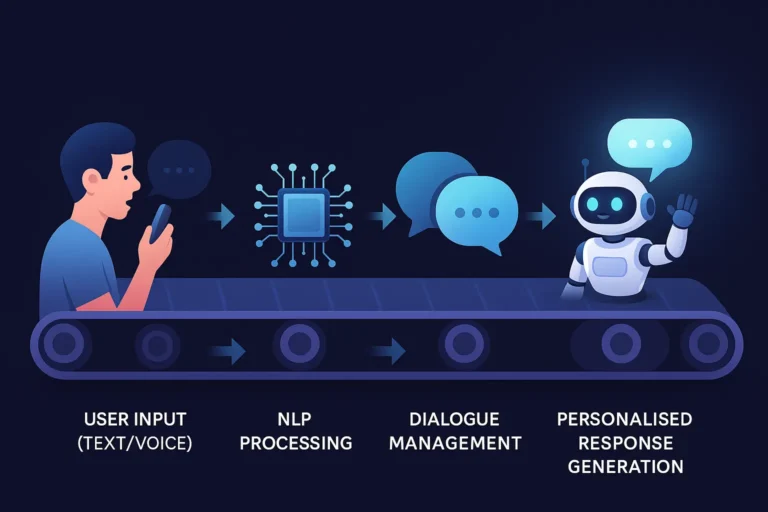 itnexa: Futuristic conveyor belt showing AI chatbot flow: user input, NLP processing, dialogue management, and personalised response.