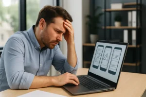 Stressed Aussie business owner reviewing buggy mobile app on laptop
