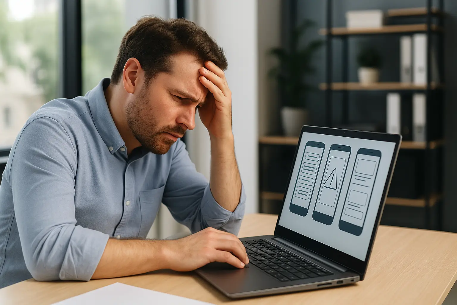 Stressed Aussie business owner reviewing buggy mobile app on laptop