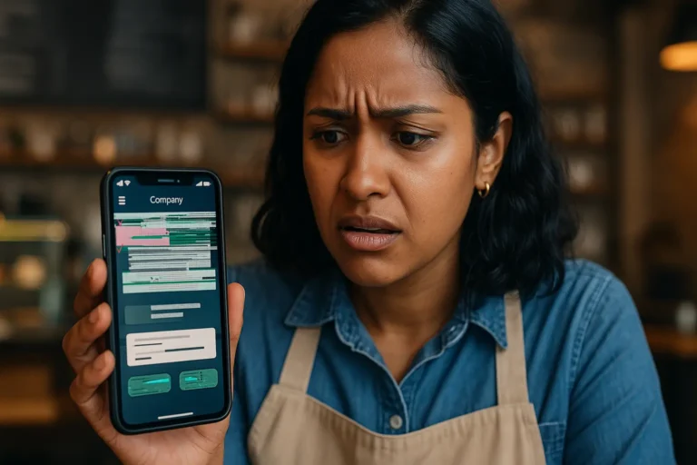 Small business owner looking frustrated while using a poorly functioning mobile app.