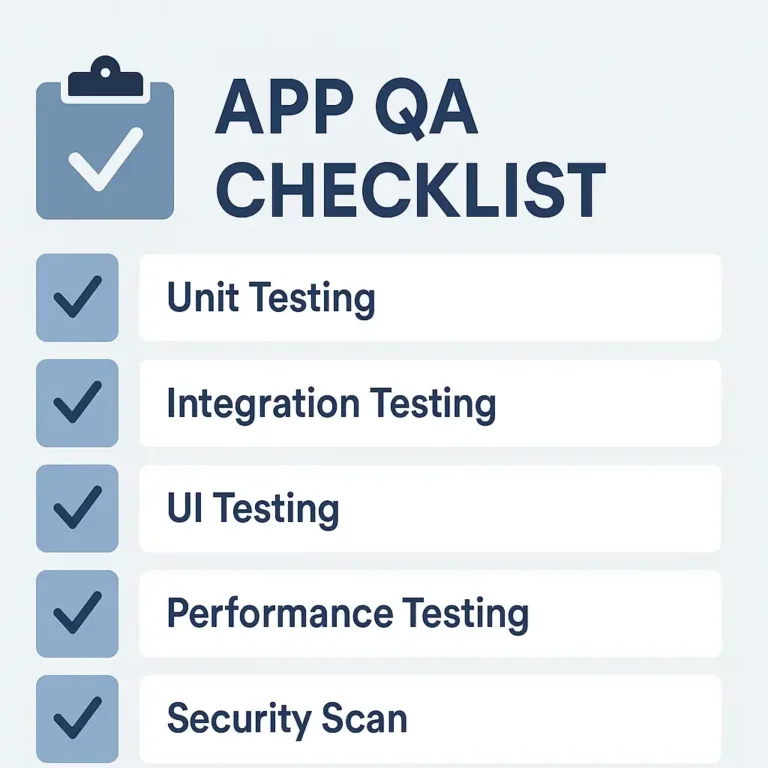 Checklist diagram illustrating key steps in app quality assurance testing.