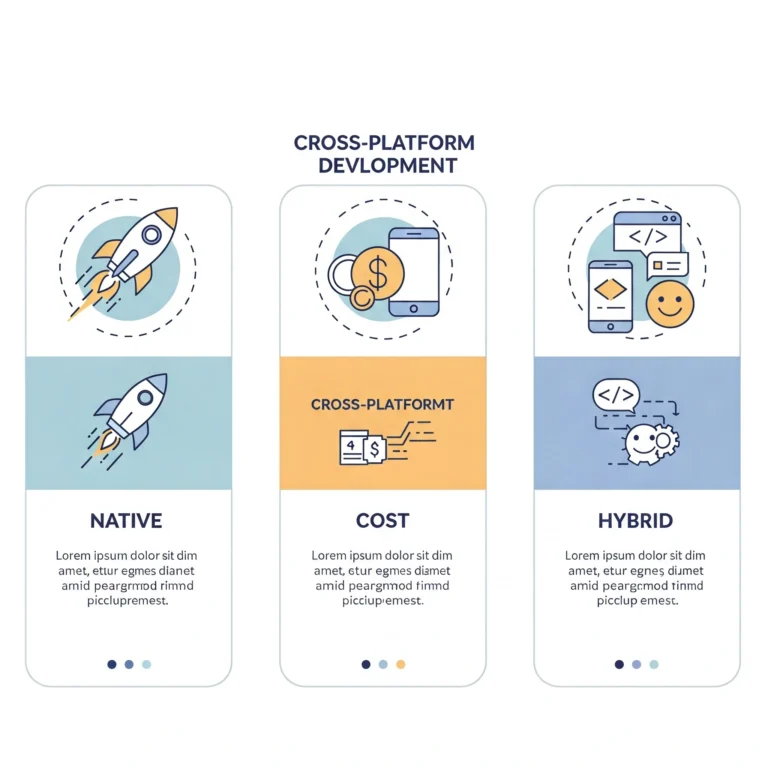 Diagram comparing Native, Cross-Platform, and Hybrid app development approaches with icons for speed, cost, UX.