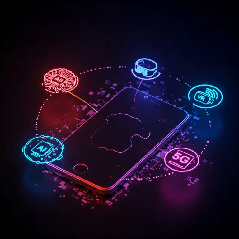 Futuristic graphic showcasing icons of AI, IoT, AR, VR, and 5G converging around a smartphone.