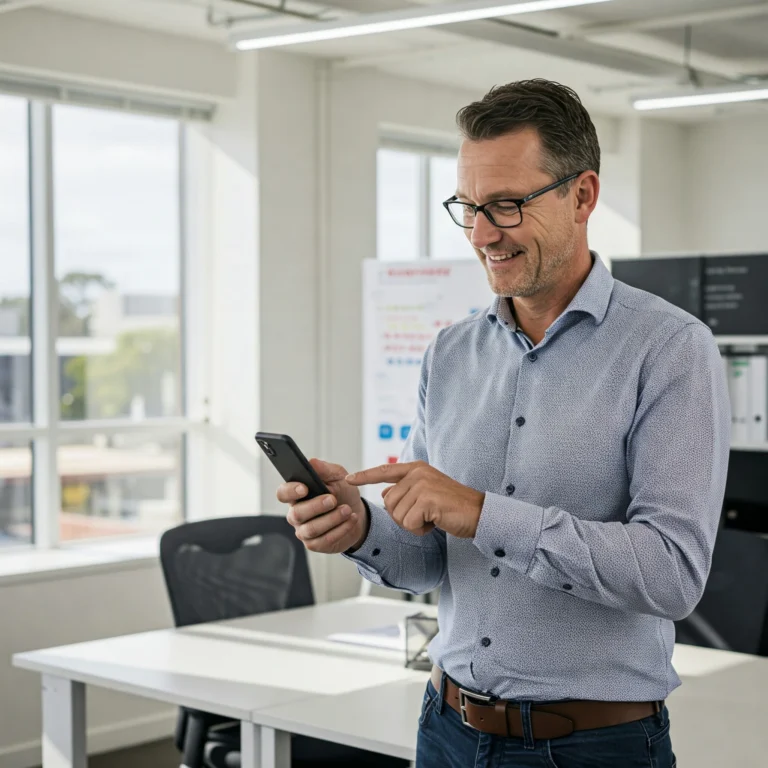 Australian business owner smiling while using a custom mobile app on a smartphone in a bright, modern office.